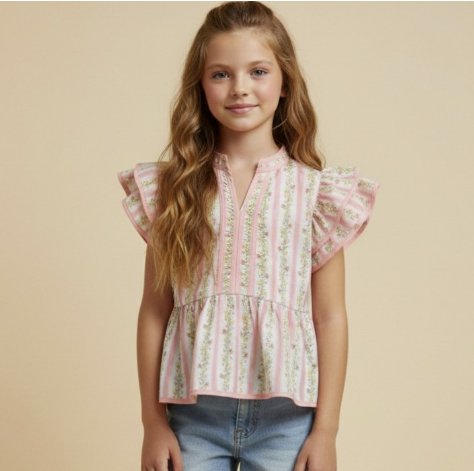 Girls Floral Striped Ruffle