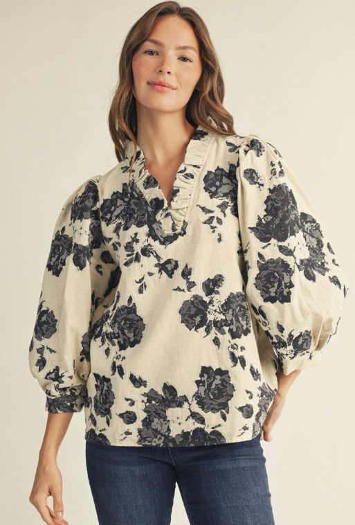3/4 Puff Sleeve Floral Jacquard Blouse with Ruffled V-Neck