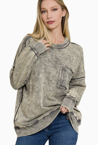 French Terry Acid Wash Raw Edge Pullover in Mocha Grey
