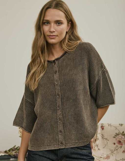 Washed Ribbed Short Sleeve Rolled Edge Cardigan
