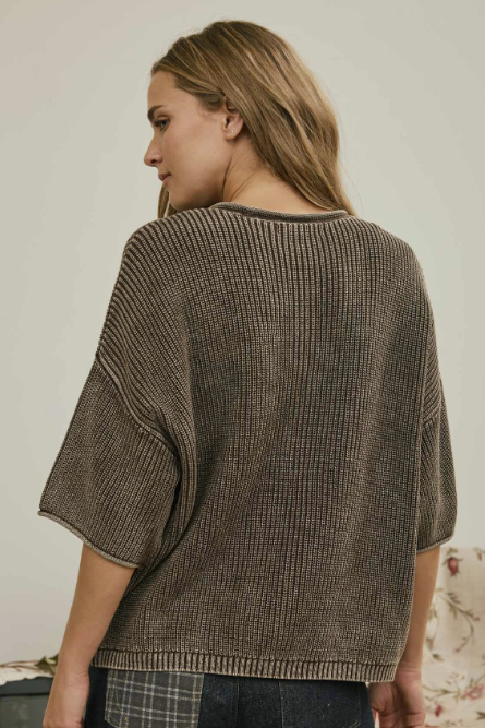 Washed Ribbed Short Sleeve Rolled Edge Cardigan