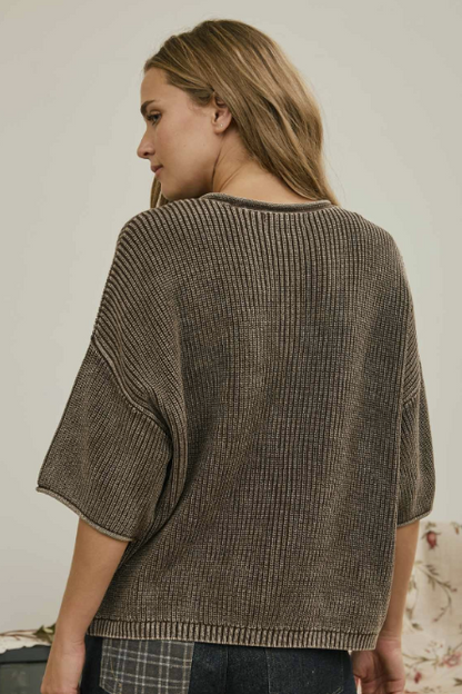 Washed Ribbed Short Sleeve Rolled Edge Cardigan