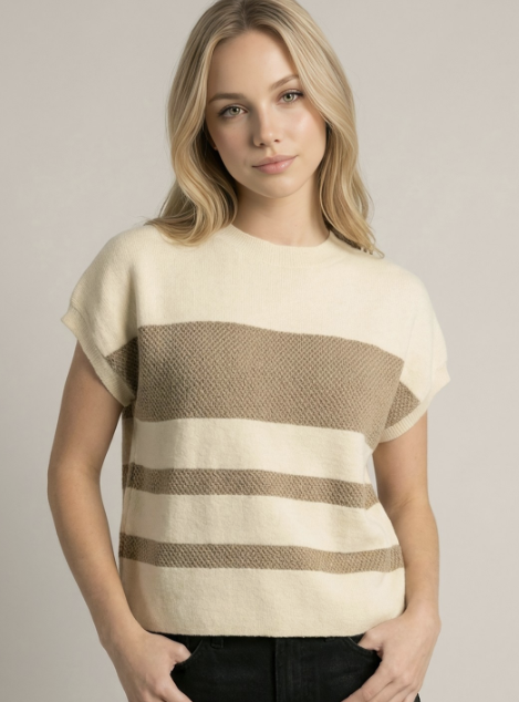 Cream & Taupe Striped Waffle Knit Top