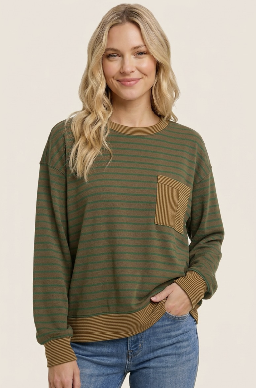 Micro Brushed Stripe Color Trim Sweatshirt