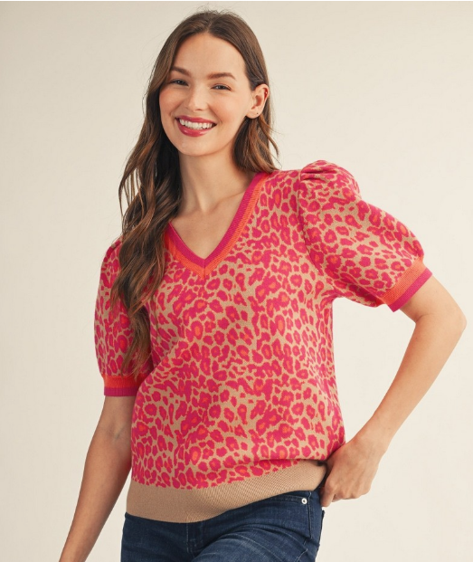 Leopard Print Puff Sleeve Sweater Top