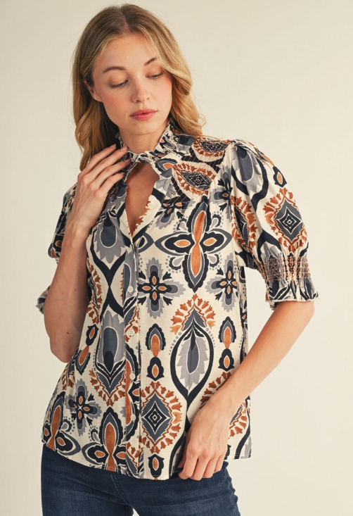 Boho Print Puff Sleeve Ruffle Blouse