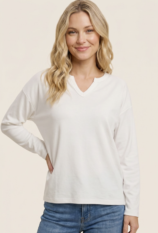 White Brushed Jersey Split-Neck Top