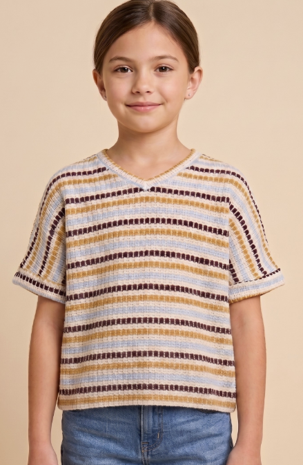 Girls’ Multicolor Striped V-Neck Ladder Stitch Top