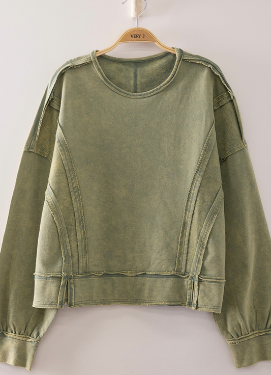 Sage Washed Cotton Raw-Seam Pullover