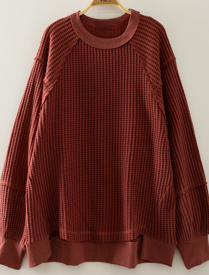 Burgundy Waffle Knit Contrast-Patch Pullover