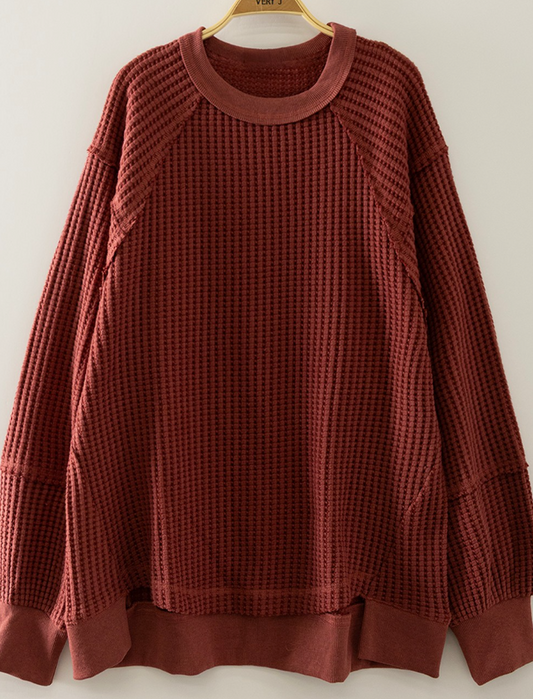 Burgundy Waffle Knit Contrast-Patch Pullover