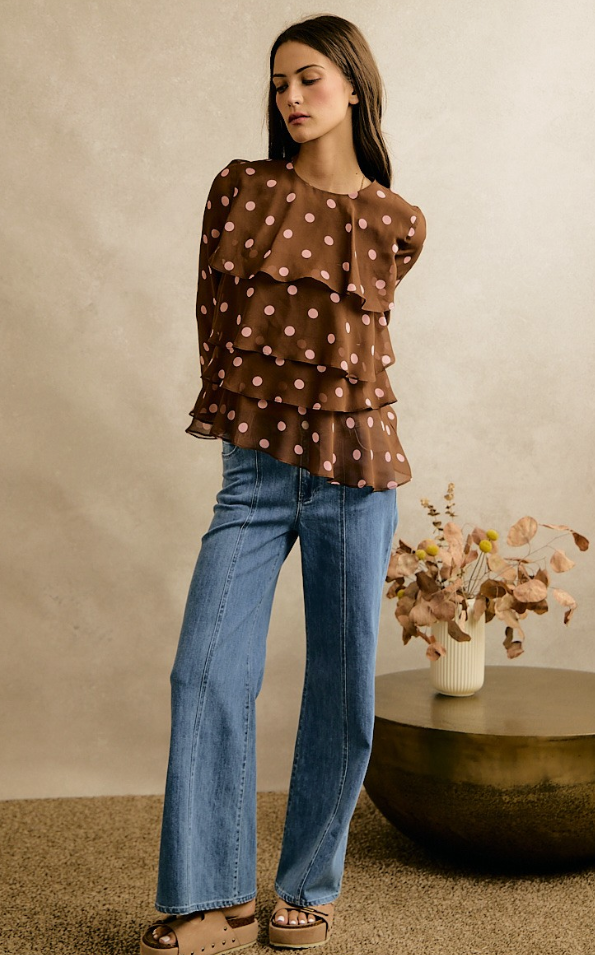 Polka Dot Ruffle Bell Sleeve Blouse