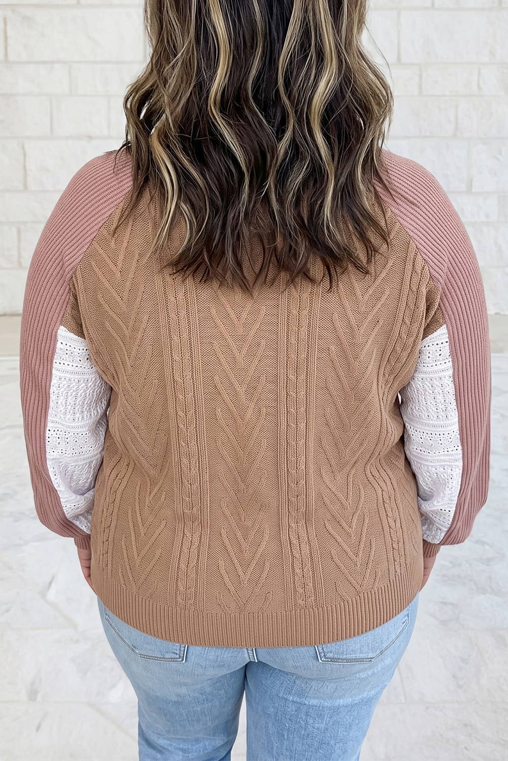 V Neck Lace Sleeve Patchwork Plus