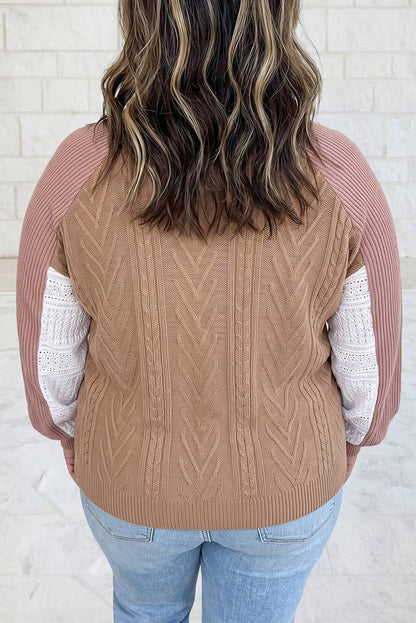 V Neck Lace Sleeve Patchwork Plus