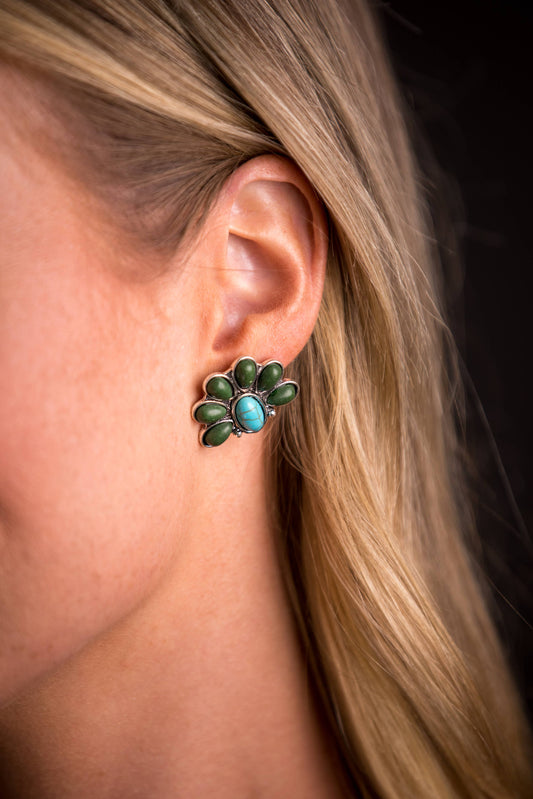 Turquoise and Green Half Flower Post Earring