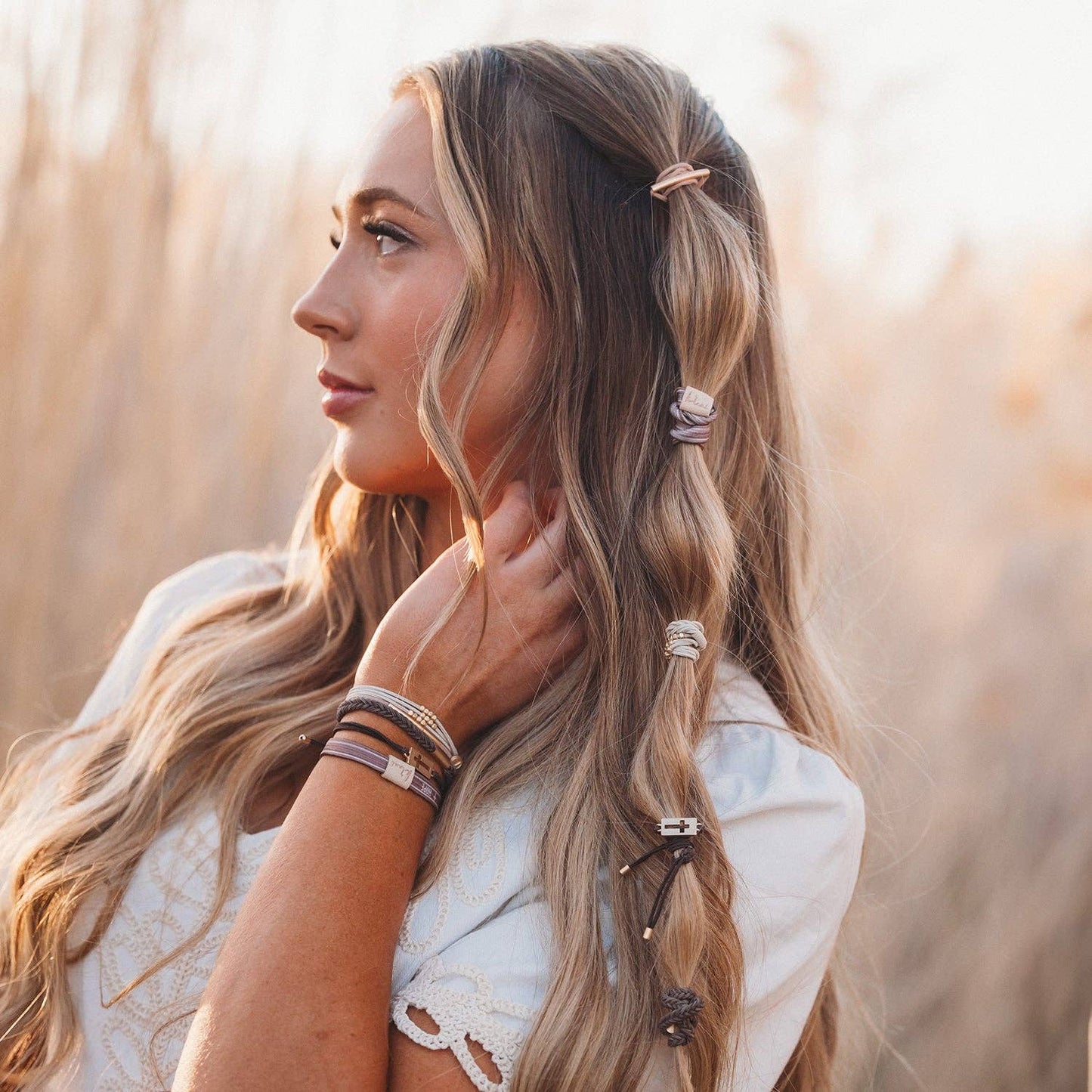 "Faith" Warm Neutrals with Gold Cross Hair Tie Bracelets: Small