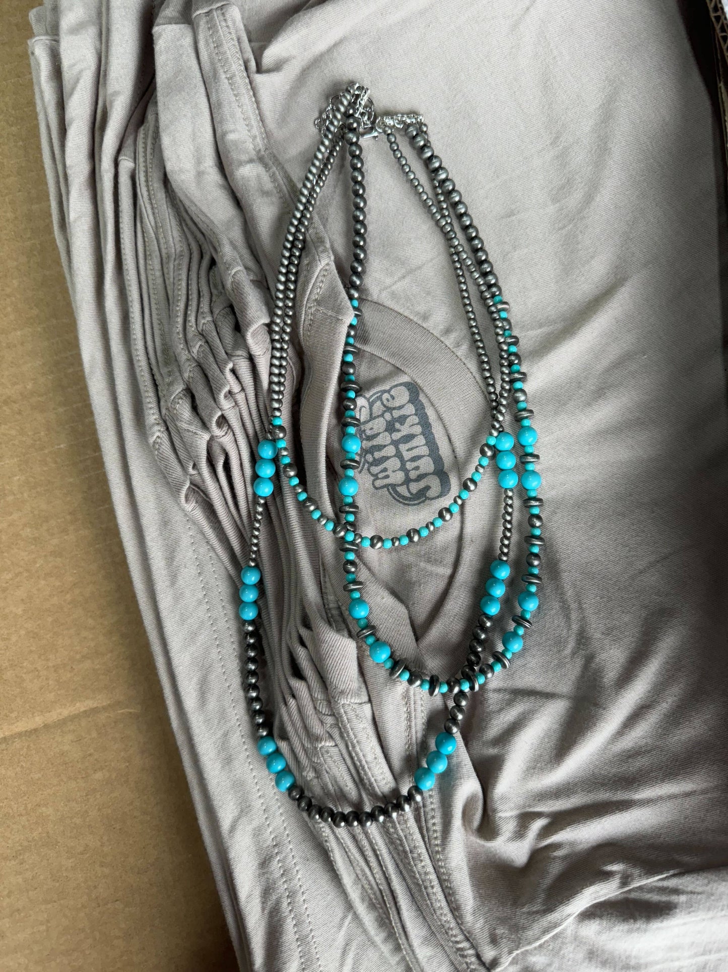 Turquoise and Silver Faux Pearl Layered Necklace