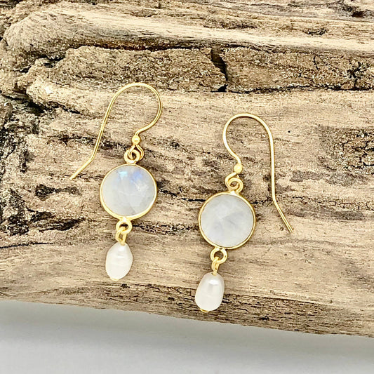 Earring Moon Stone Disc.w/Freshwater Pearl Drop Gold