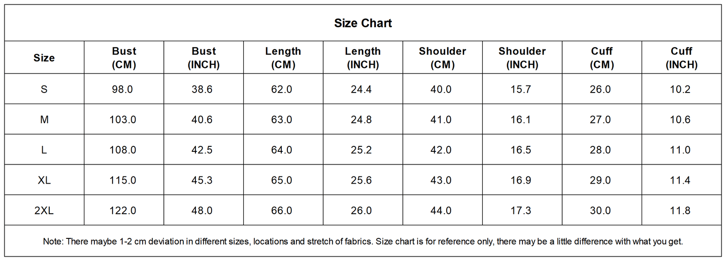RANDEE embroidered lace top size chart for women: S to 2XL bust, length, shoulder, cuff measurements in CM and INCH.
