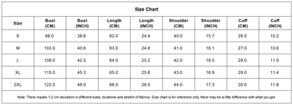 RANDEE embroidered lace top size chart for women: S to 2XL bust, length, shoulder, cuff measurements in CM and INCH.