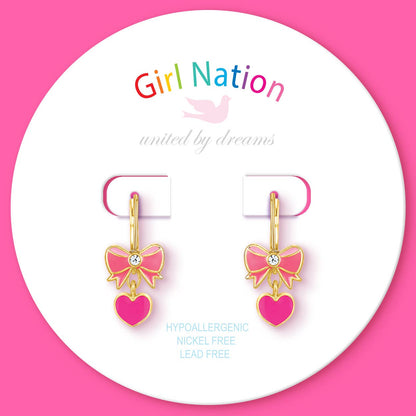 Pink Heart and Bow Leverback Earrings
