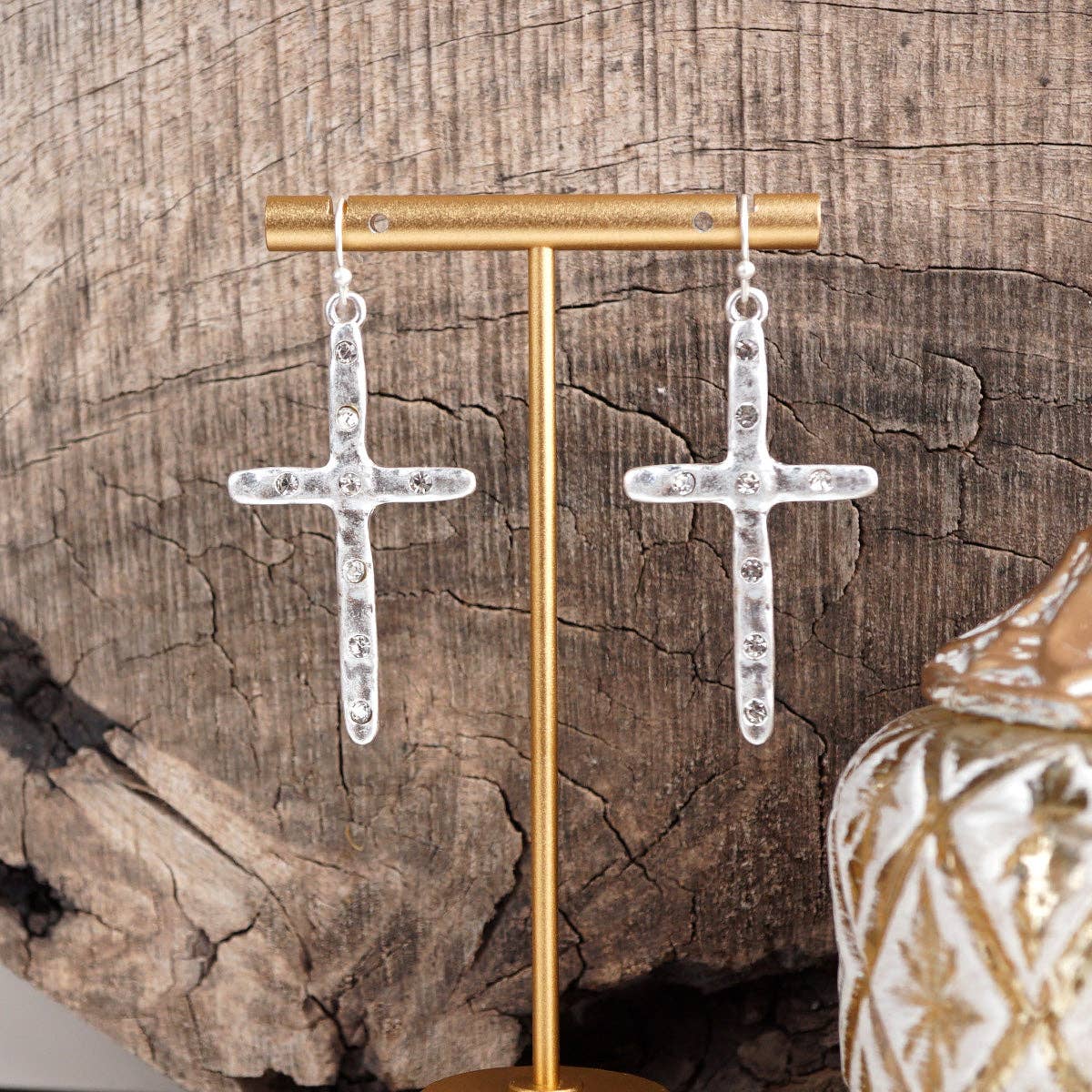 Hammered Cross Crystal Drop Earrings