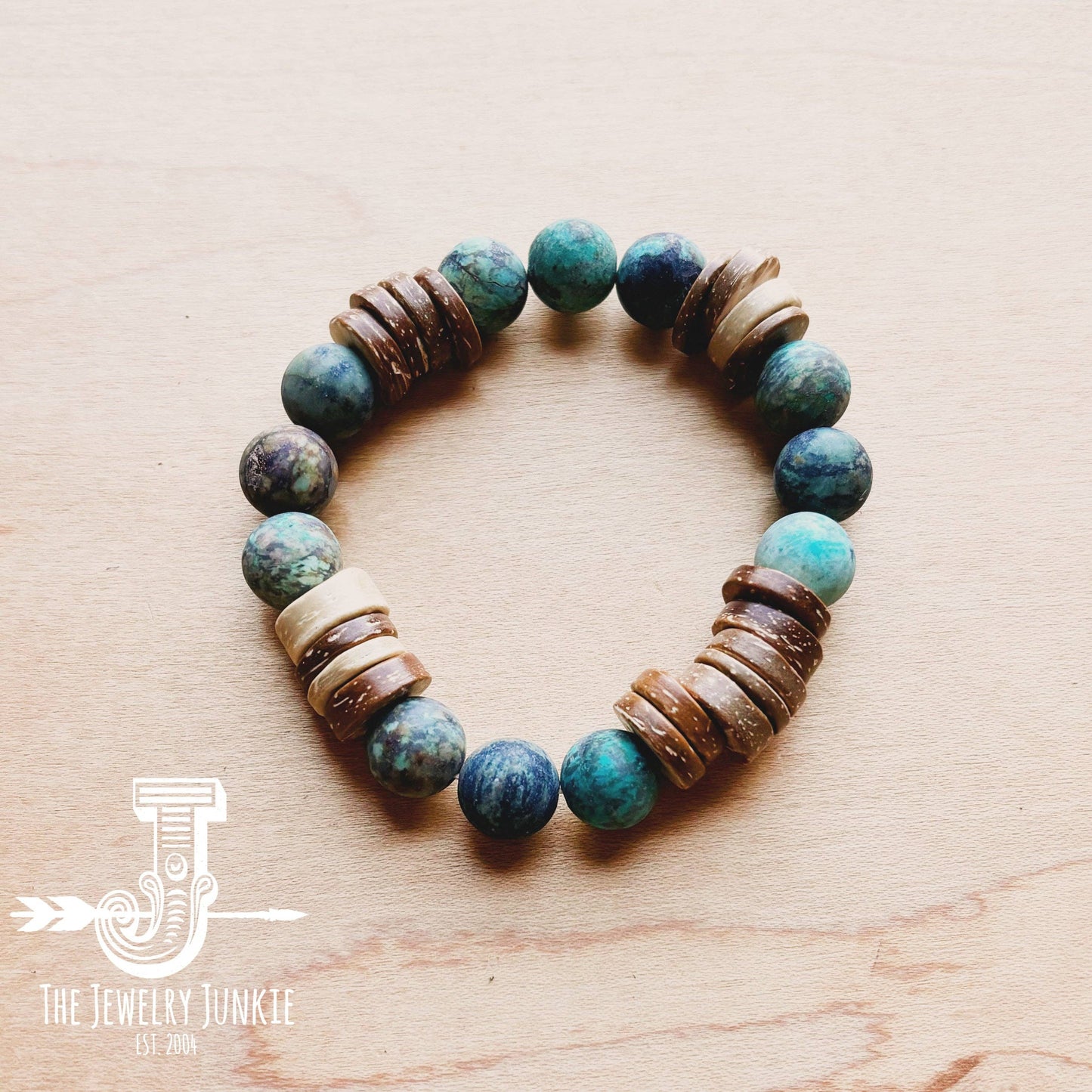 Frosted African Turquoise and Wood Stretch Bracelet