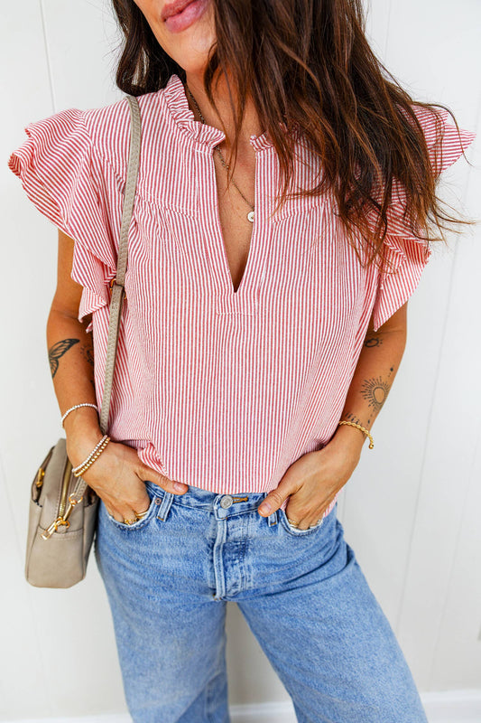 Frilly Split Neck Double Ruffled Short Sleeve Blouse