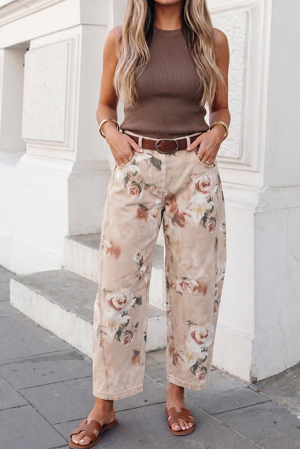 Retro Rose Khaki Floral Barrel-Leg Jeans