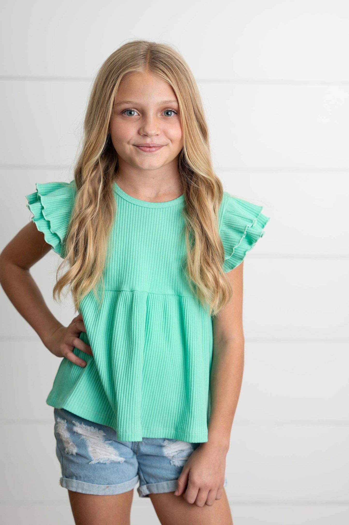 Girls Turquoise Double Ruffle Flutter Sleeve Spring Shirt