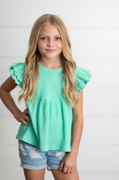 Girls Turquoise Double Ruffle Flutter Sleeve Spring Shirt