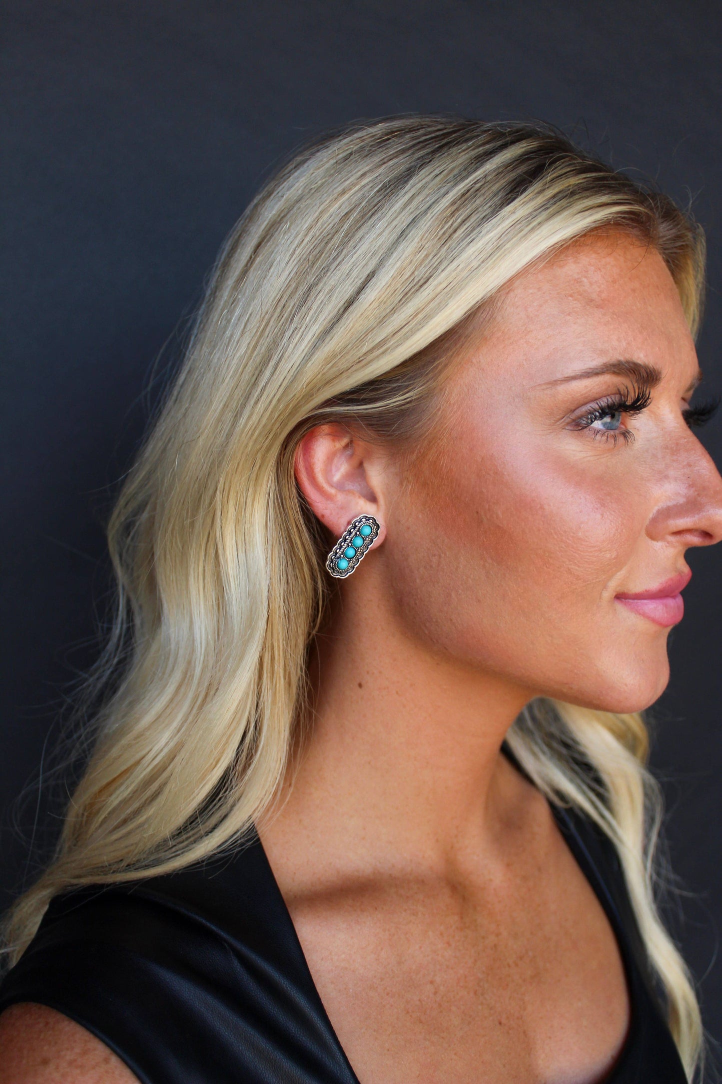 1" Turquoise & Silver 4 Stone Stamped Post Earrings