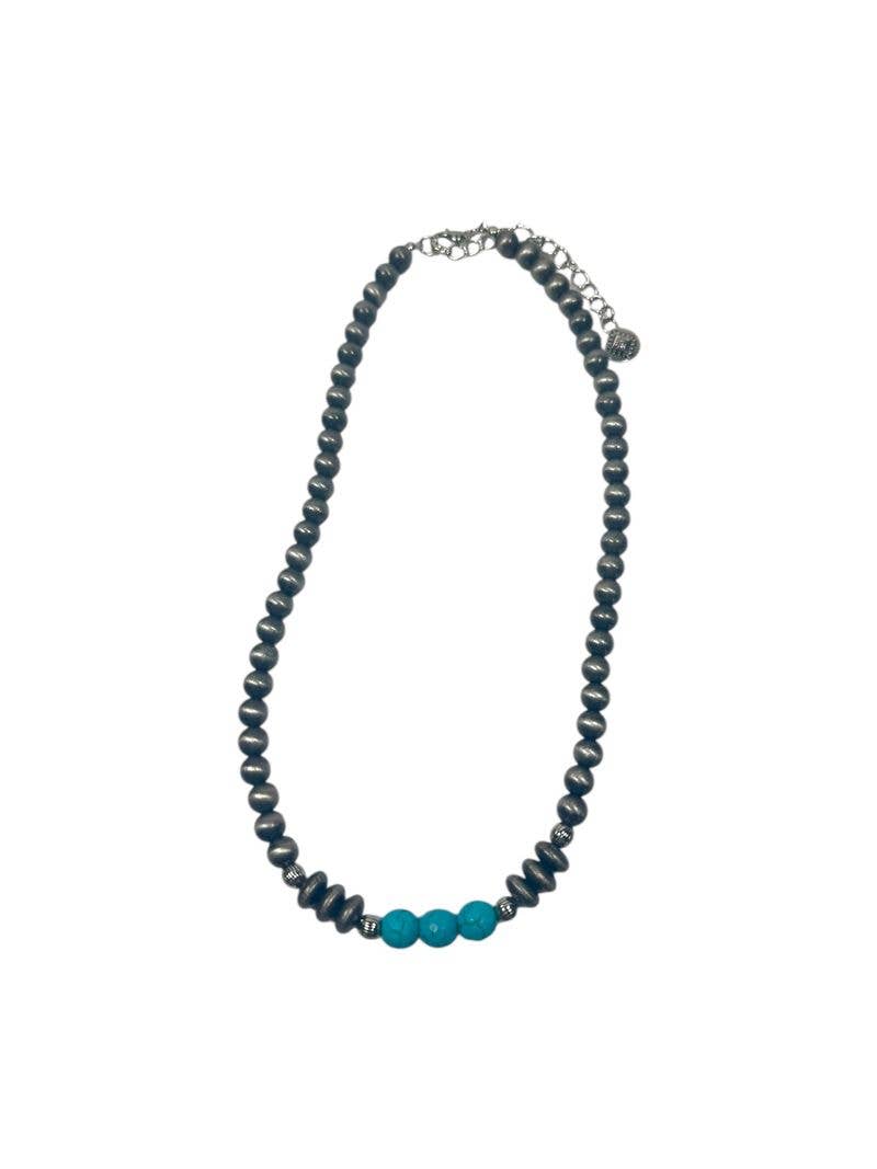 Burnished Silver Navajo Pearl & Turquoise Beaded Necklace