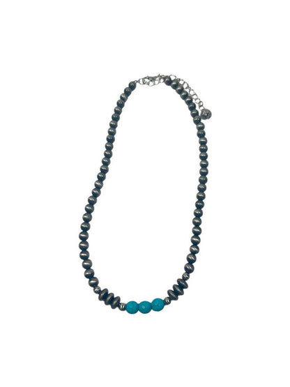 Burnished Silver Navajo Pearl & Turquoise Beaded Necklace