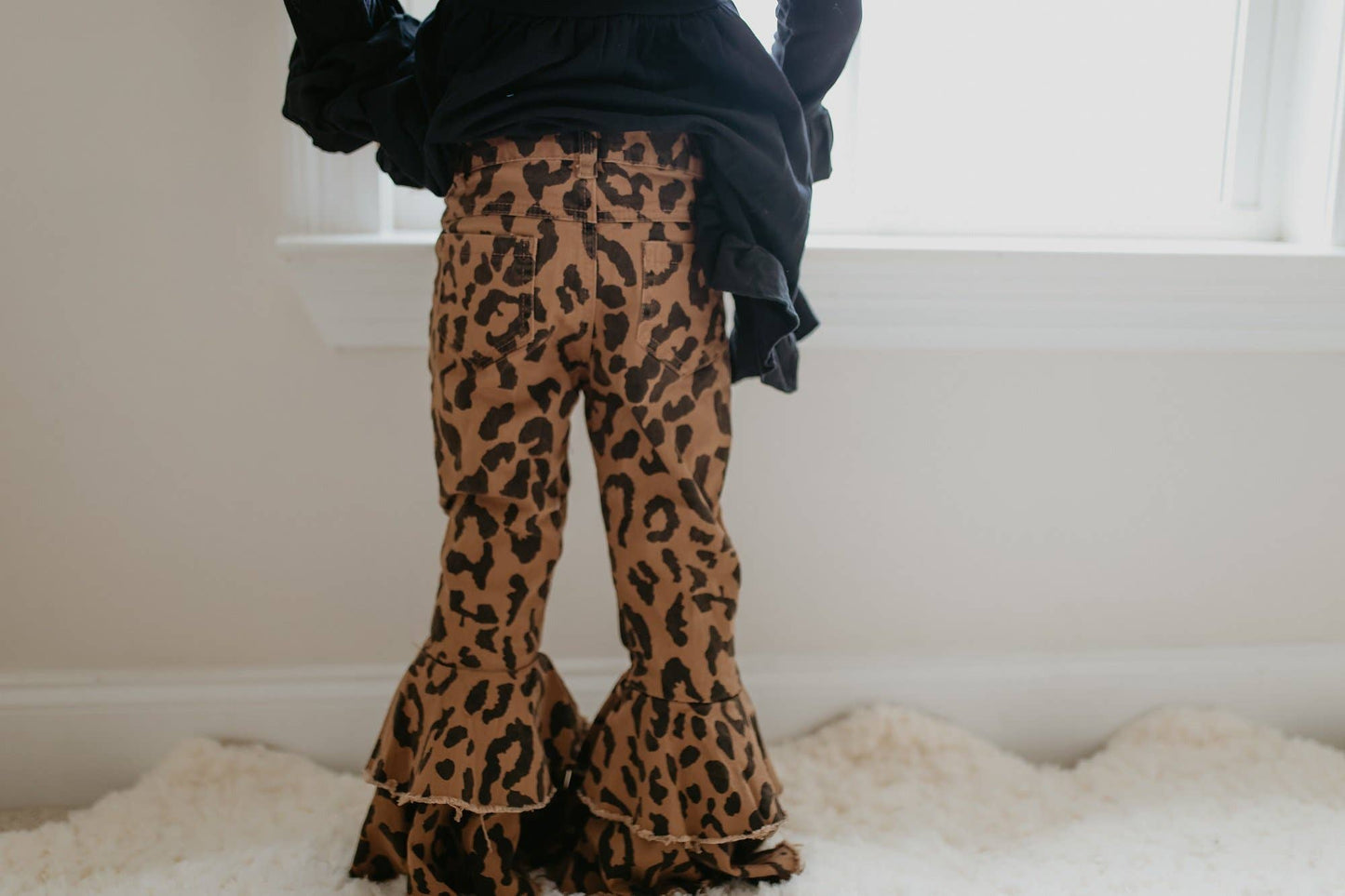 Girls Leopard Double Denim Ruffle Jeans