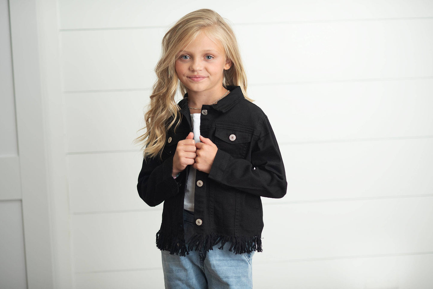 Girls Black Denim Fringe Jacket