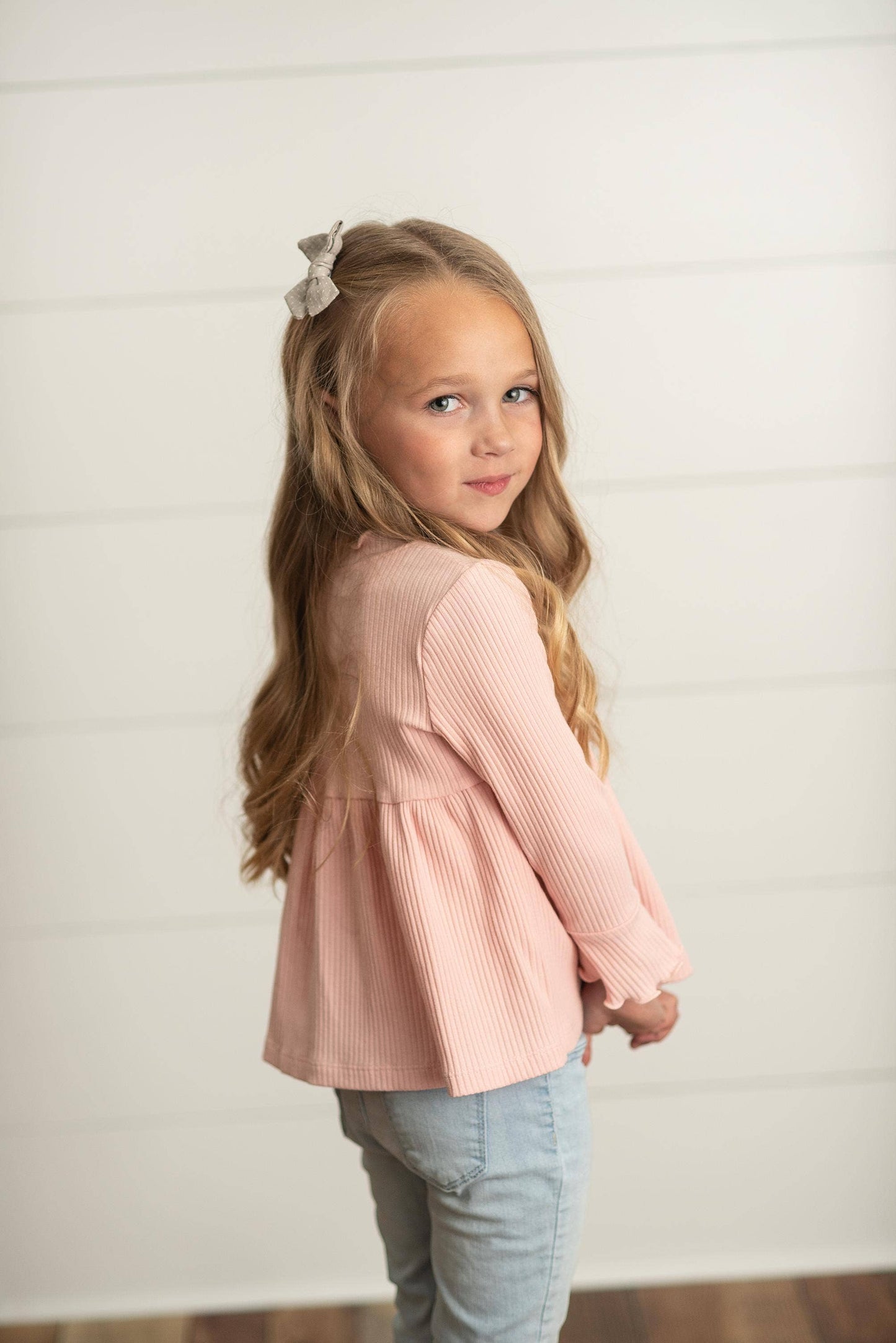 Girls Blush Pink Long Sleeve Lettuce Trim Ribbed Shirt