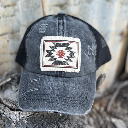 Material Aztec Black Distressed Ponytail Baseball Cap