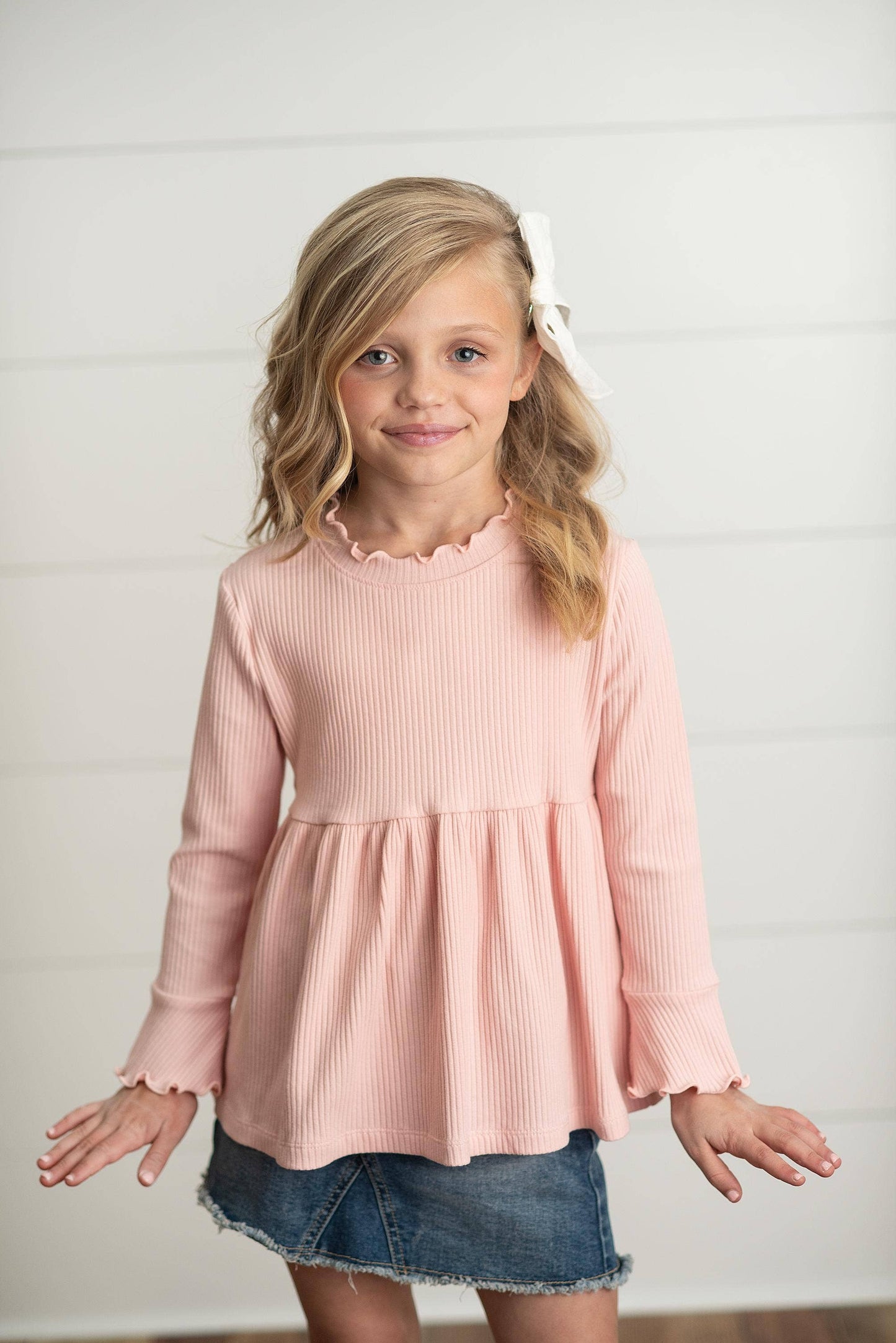 Girls Blush Pink Long Sleeve Lettuce Trim Ribbed Shirt