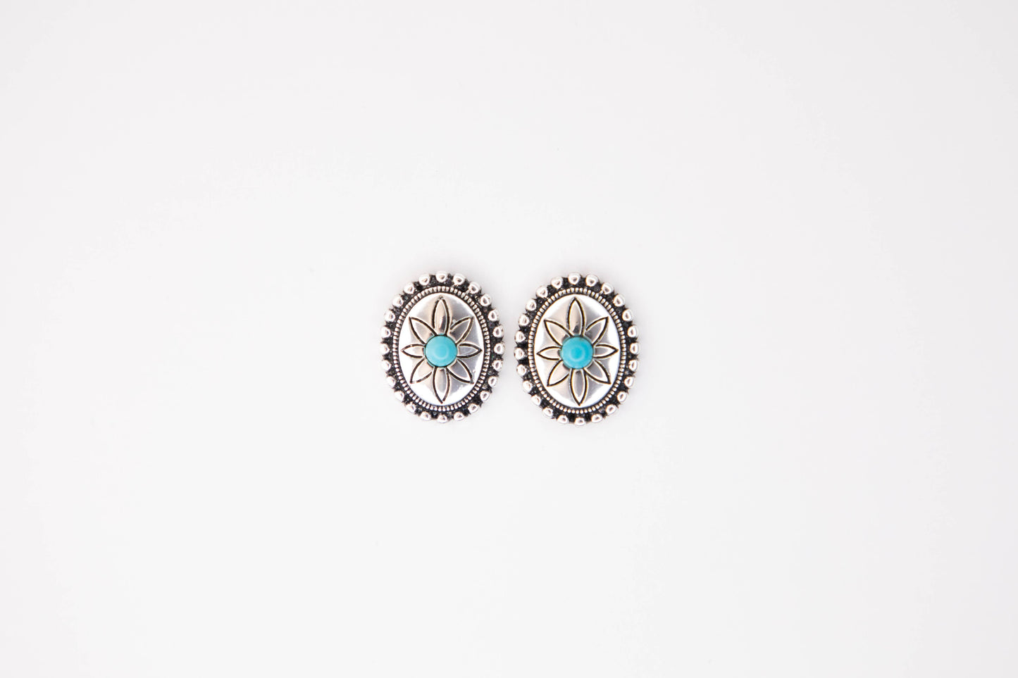 Oval Flower Concho Post Earring w/ Turquoise Accent