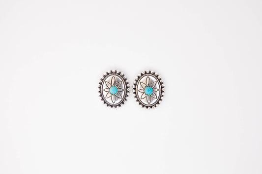 Oval Flower Concho Post Earring w/ Turquoise Accent