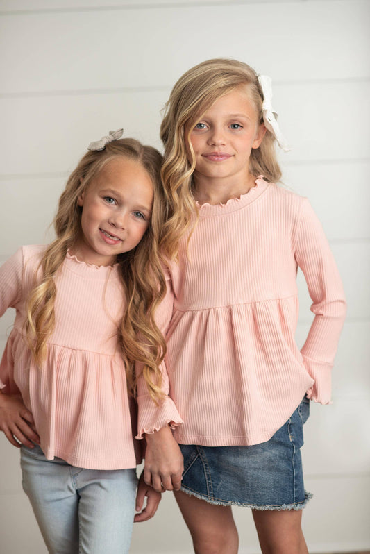 Girls Blush Pink Long Sleeve Lettuce Trim Ribbed Shirt