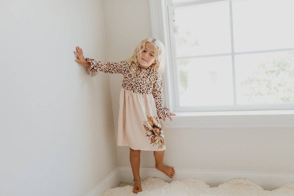 Girls Claire Sunflower Leopard Print Twirl Dress