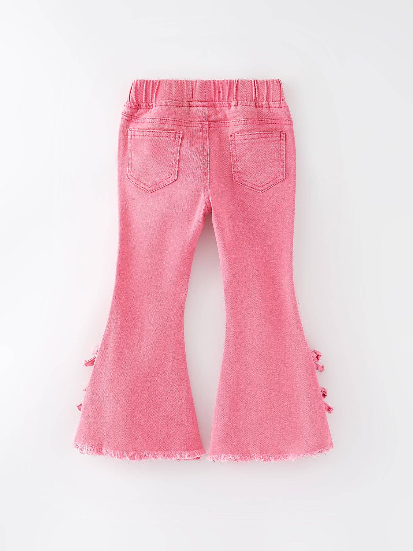 Girls Pink Bow Flared Elastic Denim Pants