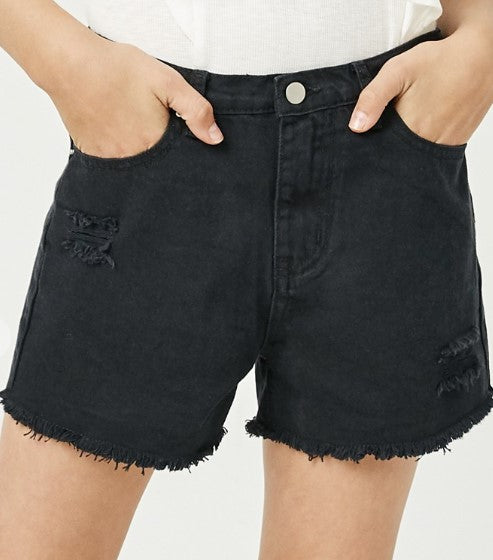 Girls Black Stonewashed Denim Shorts