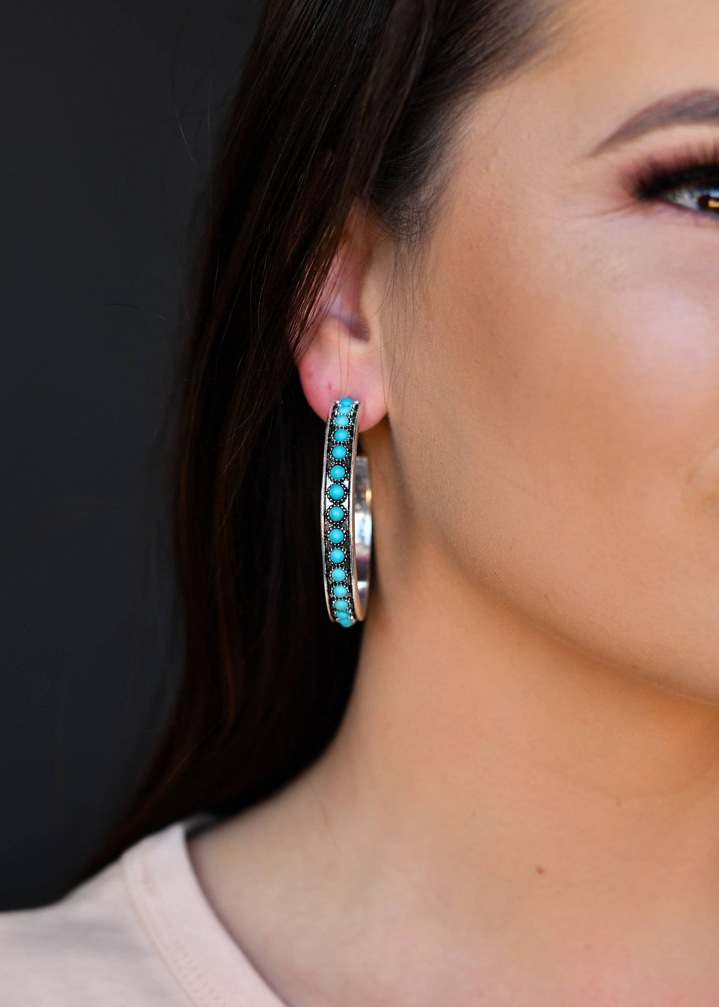 Burnished Silver and Turquoise Hoop Earring