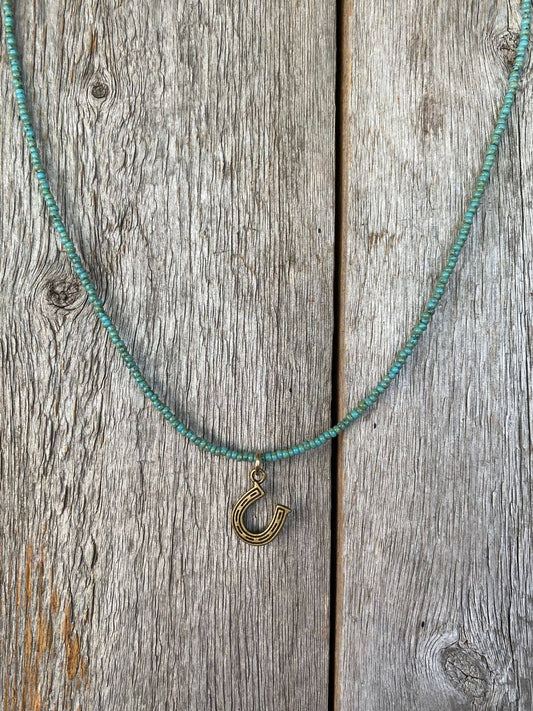 Turq Seeds w/Bronze Horseshoe Charm Necklace
