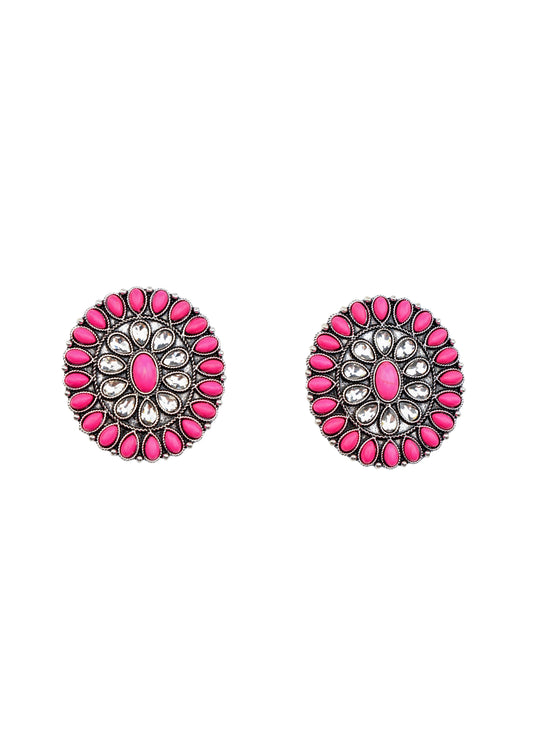 Large Pink and Rhinestone Cluster Post Earring